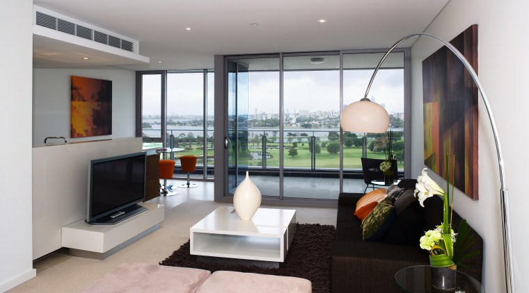 view of the living area featuring modern contemporary house, interior design, living room, property, real estate, room, window, gray