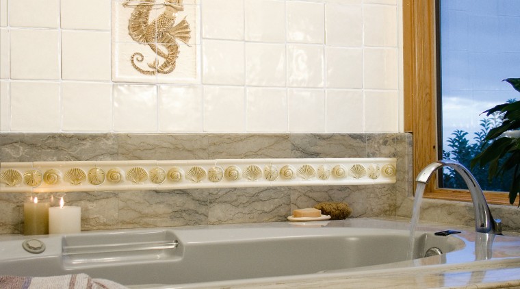 view of custom-glazed handmade seashell tiles by Timeless bathroom, bathtub, ceramic, floor, flooring, interior design, plumbing fixture, room, sink, tap, tile, wall, window, white