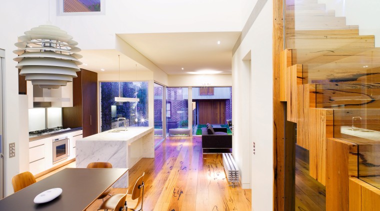A view of the kitchen and dining areas, apartment, architecture, ceiling, house, interior design, living room, real estate, white