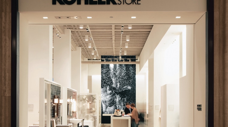 view of the new Kohler Chicago store showcasing boutique, ceiling, interior design, brown, white