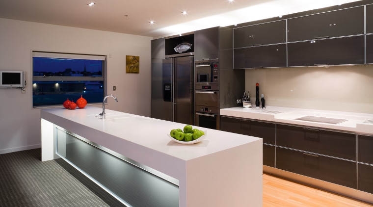 A view of the kitchen area, wooden flooring, cabinetry, countertop, interior design, kitchen, real estate, gray, black
