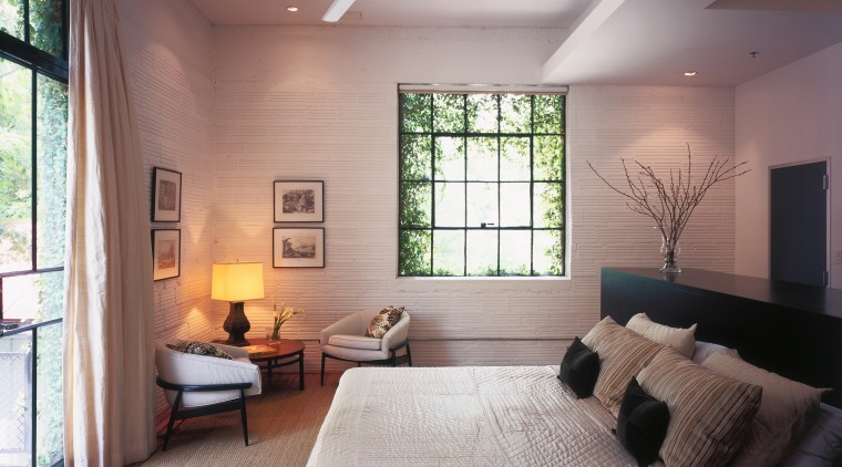 View of the master bedroom featuring raw silk architecture, bedroom, ceiling, daylighting, floor, home, house, interior design, living room, real estate, room, wall, window, gray