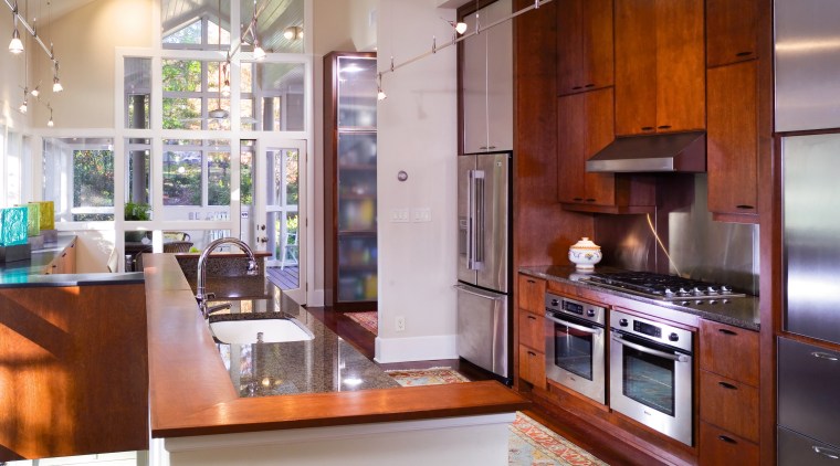 A view of this remodelled kitchen featuring cherry cabinetry, countertop, interior design, kitchen, real estate, room, gray