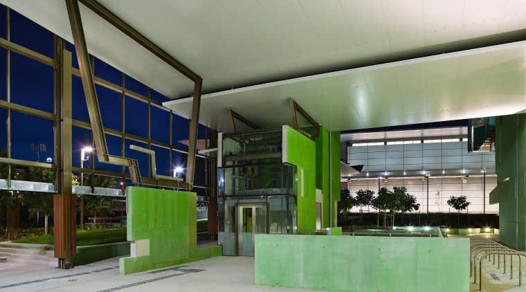 A view of some fabrication work done by architecture, green, gray, green