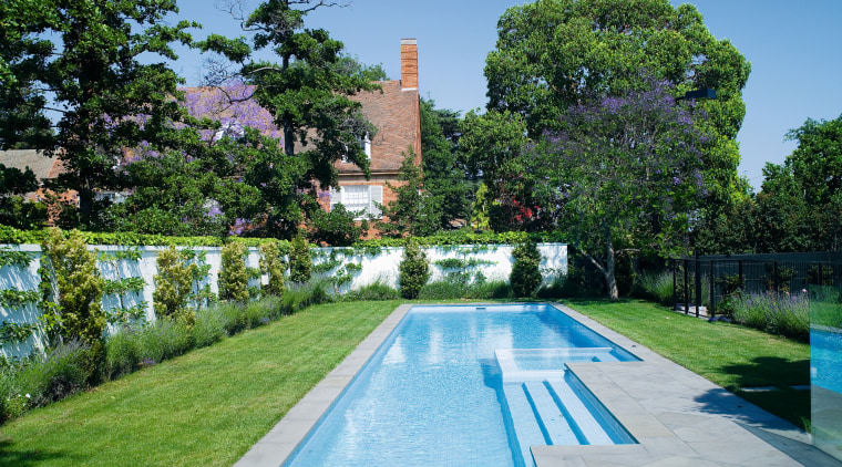 View of the long Pool that features perimeter daytime, estate, garden, leisure, mansion, plant, property, real estate, reflecting pool, reflection, sky, swimming pool, tree, water, waterway, green, teal