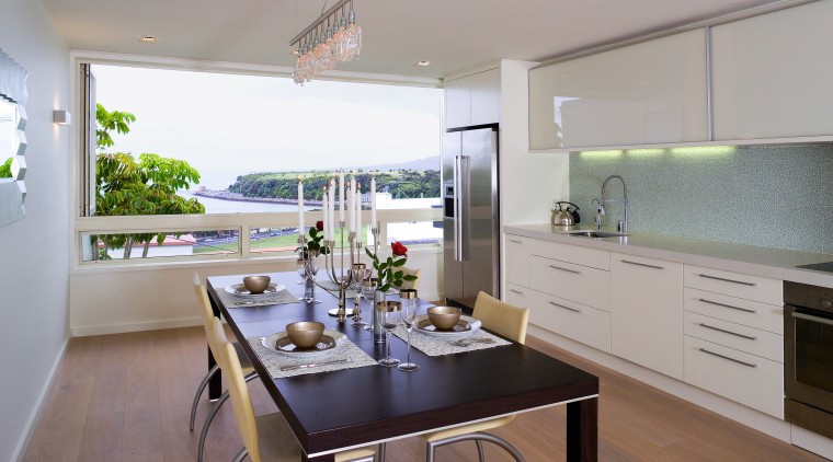 A view of the kitchen and dining areas, countertop, cuisine classique, house, interior design, kitchen, real estate, room, window, gray