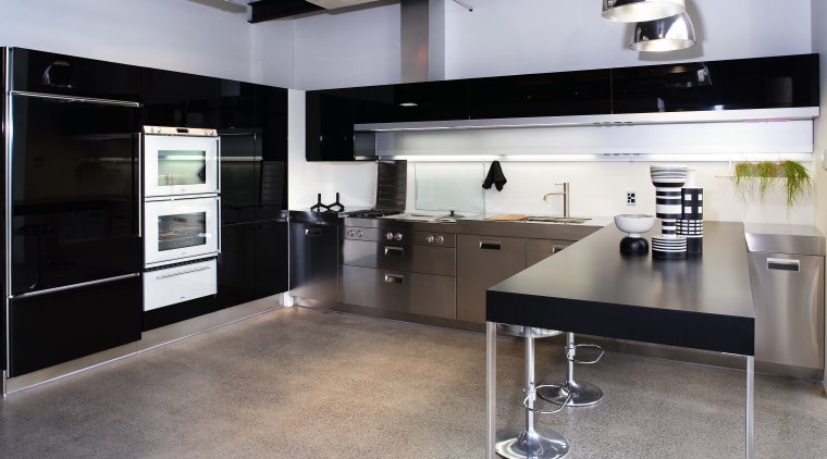 A view of some kitchen appliances from BSH countertop, floor, flooring, interior design, kitchen, gray, black
