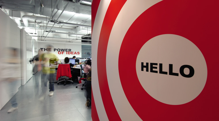 A view of the new MMoser-designed Hong Kong product design, signage, technology, gray, red