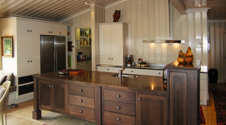 A view of a kitchen by The Kitchen cabinetry, ceiling, countertop, cuisine classique, flooring, interior design, kitchen, room, brown