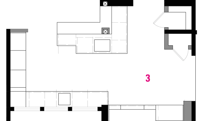 A view of the plan of the kitchen angle, area, black and white, design, diagram, drawing, floor plan, font, line, product, product design, text, white