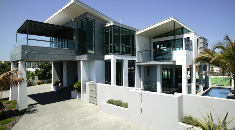 Exterior view of this house at Mt Maunganui architecture, building, elevation, estate, facade, home, house, property, real estate, residential area, villa, window, white