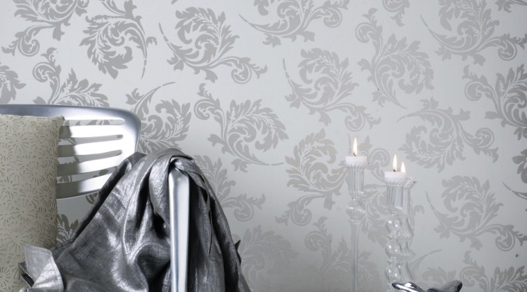 A view of this silver flower/leaf patterned wall black and white, ceiling, floor, interior design, tap, tile, wall, wallpaper, gray