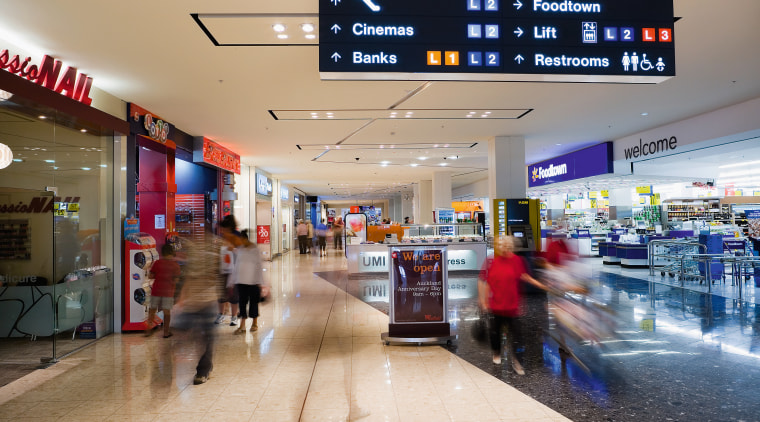 A view of a Westfield shopping centre. - airport, airport terminal, retail, shopping mall, supermarket, gray