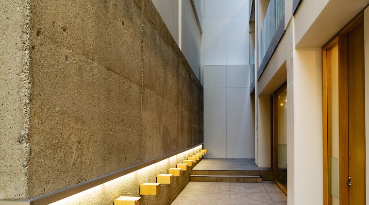 A view of the new Miconic 10 Schindler apartment, architecture, building, daylighting, facade, floor, handrail, house, interior design, stairs, wall, window, gray, brown