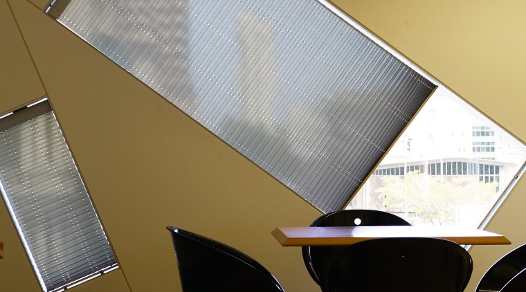 KWA Blinds introduced a tension wire-guided system on architecture, ceiling, daylighting, design, furniture, interior design, product design, table, brown