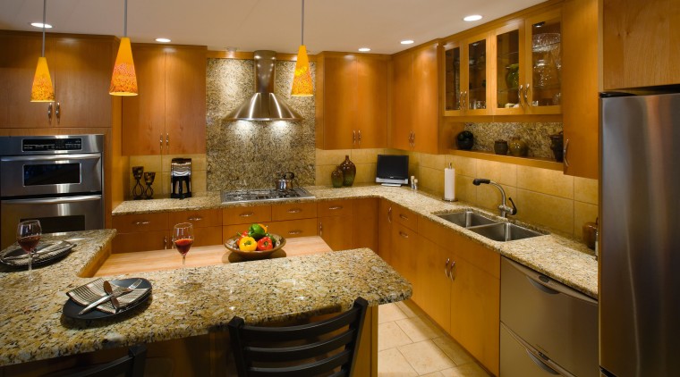 A view of frameless cabinets in alder, with cabinetry, countertop, cuisine classique, interior design, kitchen, room, under cabinet lighting, brown