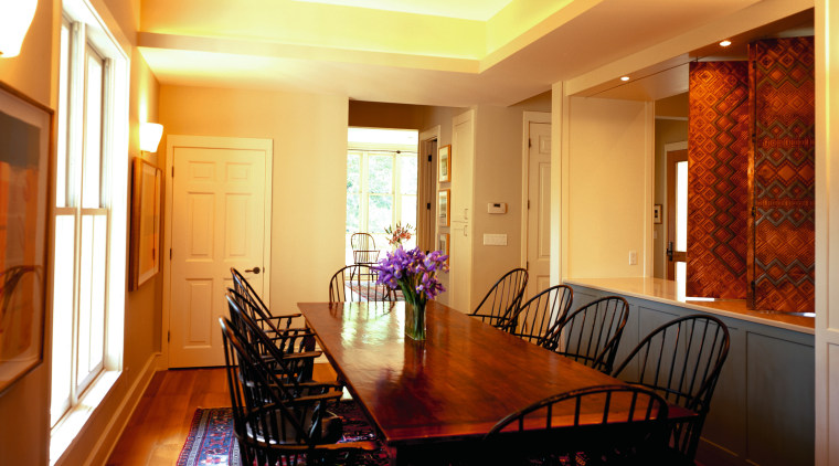 A view of the Dining and Living area ceiling, dining room, home, house, interior design, lighting, living room, real estate, room, table, window, wood, orange