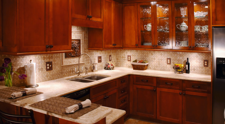 A view of this kitchen featuring solid maple cabinetry, countertop, cuisine classique, interior design, kitchen, room, under cabinet lighting, red