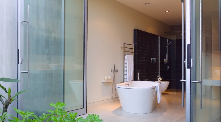 The master ensuite continues the idea of openness architecture, daylighting, glass, home, house, interior design, real estate, window, gray