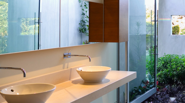 The cantilevered bench vanity and clean simple lines architecture, bathroom, ceiling, floor, flooring, interior design, product design, room, sink, tile, gray