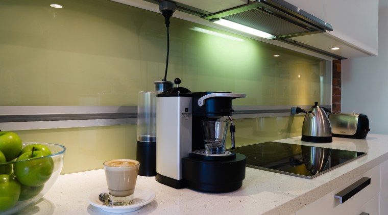 A view of a power track by Eubiq. countertop, interior design, kitchen, small appliance, gray, brown