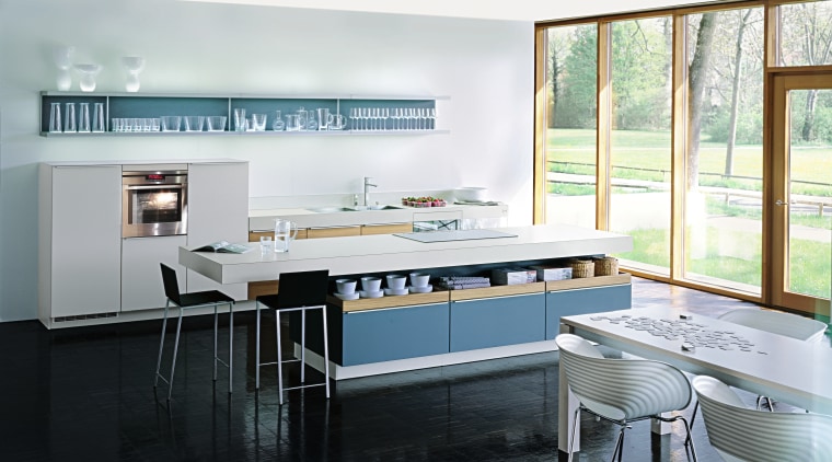 A view of some kitchen appliances from AEG. countertop, interior design, kitchen, room, window, white, black