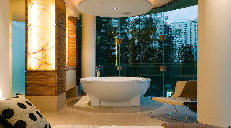 The master bathroom and bedroom are intergrated in architecture, bathroom, ceiling, estate, interior design, room, orange