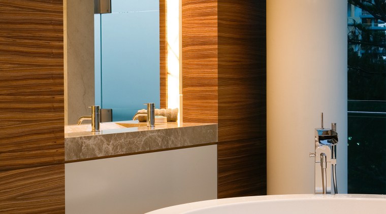The clean lines of the freestanding spa bath architecture, bathroom, bathroom accessory, floor, home, interior design, plumbing fixture, room, wall, window, brown, orange