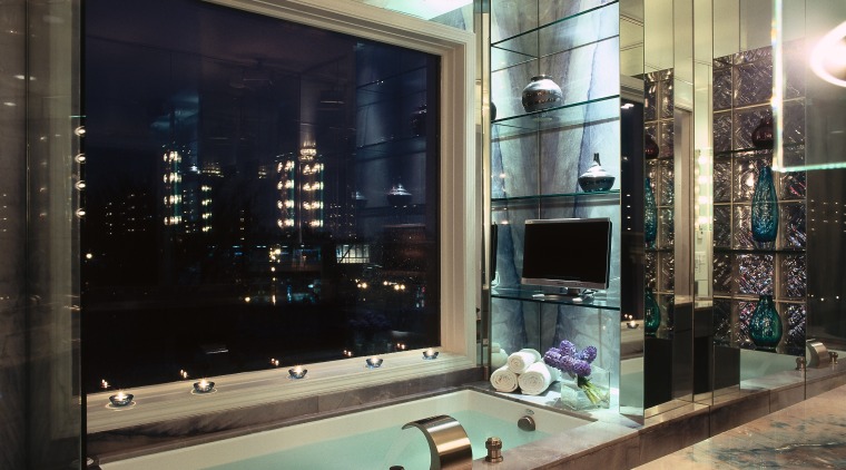 A view of the ensuite, lights, tiled tub bathroom, billiard room, glass, interior design, room, black