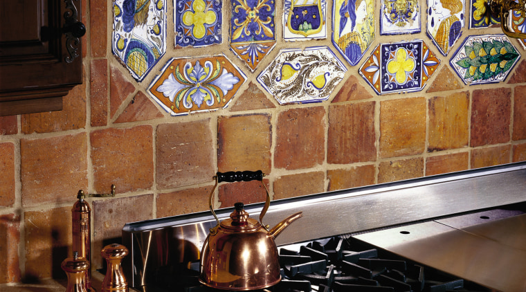 A view of the handrafted tiles  used countertop, flooring, glass, interior design, material, stained glass, window, brown