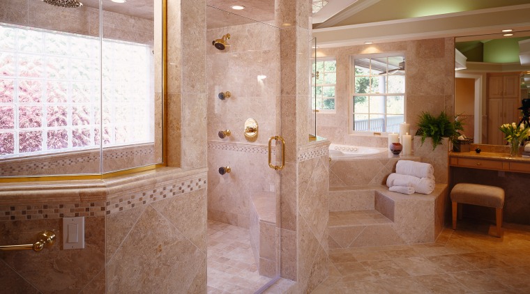 Extensive tiling characterizes this new bathroom, by NKBA bathroom, ceiling, estate, floor, flooring, home, interior design, lobby, property, real estate, room, tile, wall, wood flooring, brown, gray