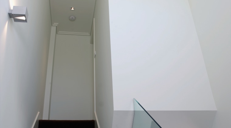 Stairway featuring partitions and wallboards - Stairway featuring architecture, daylighting, glass, handrail, house, interior design, product design, property, stairs, gray, white