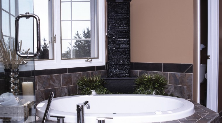 A view of Eighteenth Century Italian Architecture was bathroom, bathtub, estate, floor, flooring, home, interior design, room, tile, wall, window, gray, black, white