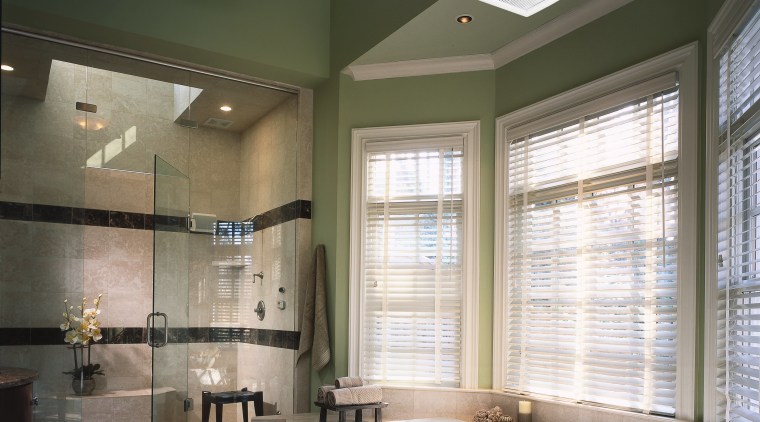 A Panasonic WhisperGreen ventilation fan on the ceiling bathroom, ceiling, daylighting, floor, home, interior design, lighting, room, window, gray, black