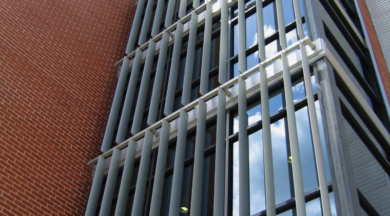 A view of the louvres/sunshades installed on the architecture, brutalist architecture, building, classical architecture, commercial building, condominium, corporate headquarters, daylighting, daytime, facade, headquarters, landmark, line, metropolis, metropolitan area, skyscraper, structure, tower block, window, gray