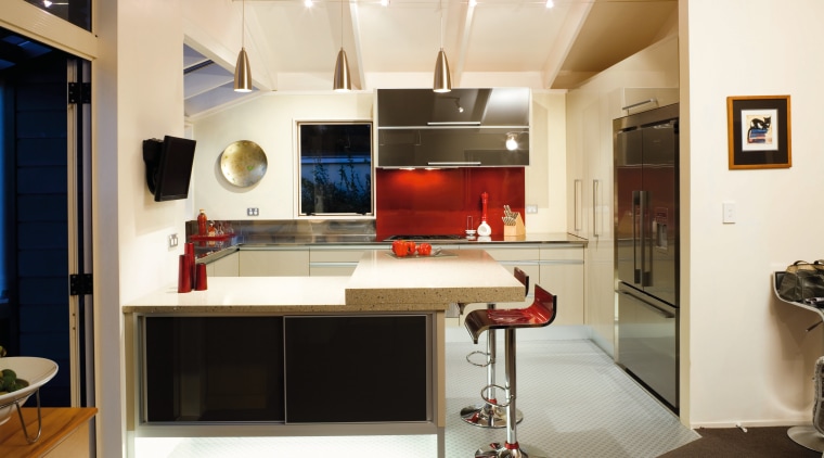 A view of this kitchen featuring quarell and countertop, furniture, interior design, kitchen, white