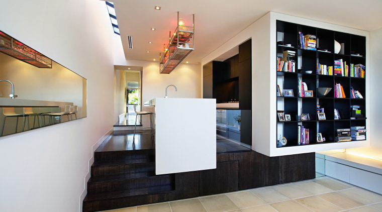 The previously box-like kitchen area has been opened interior design, lobby, real estate, gray