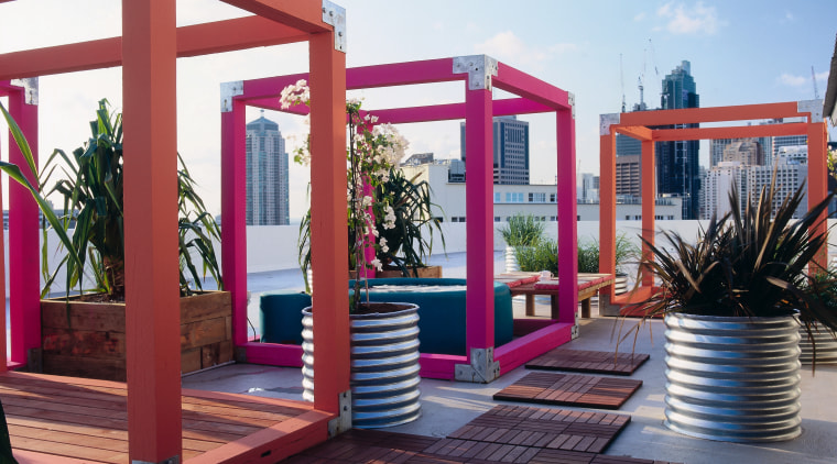 An exterior view of the patio area. - deck, outdoor structure, pergola, wood, white, red