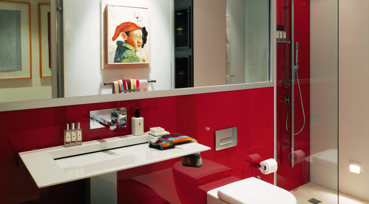 Reflective surfaces, including colour backed glass walls, enhance bathroom, interior design, room, white