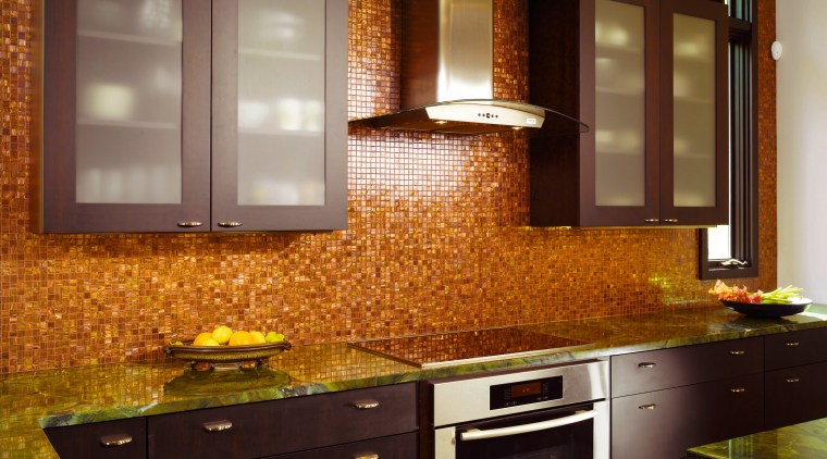 Dark espresso-stained cherry wood cabintery is teamed with cabinetry, countertop, cuisine classique, flooring, furniture, hardwood, home, interior design, kitchen, room, under cabinet lighting, wall, wood flooring, brown