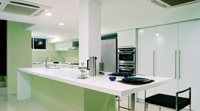 A view of this kitchen design by Ong countertop, interior design, kitchen, product design, real estate, gray
