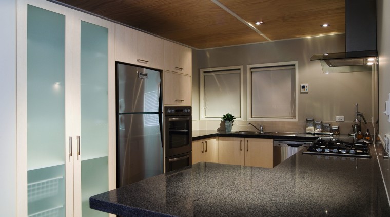 A view of this kitchen featuring the new countertop, interior design, kitchen, real estate, room, black, gray