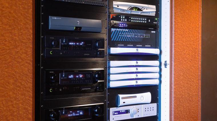 A view of home theatre system - A computer case, electronic device, electronics, personal computer, personal computer hardware, sound, stereophonic sound, system, technology, black, brown