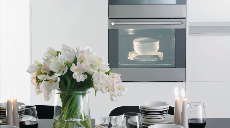 A view of this kitchen featuring the E furniture, home, interior design, kitchen, product design, small appliance, table, white, gray