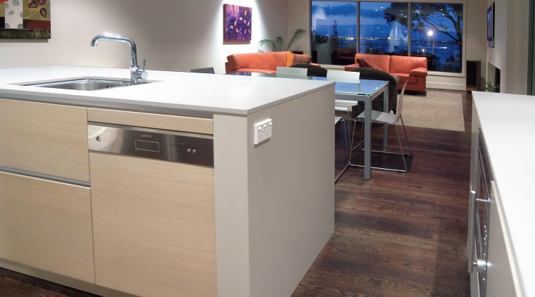 Sophisticated kitchen with Smeg dishwasher - Sophisticated kitchen countertop, floor, flooring, hardwood, kitchen, wood flooring, gray