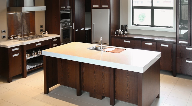 A view of this kitchen design by Euro cabinetry, countertop, cuisine classique, furniture, interior design, kitchen, room, table, brown