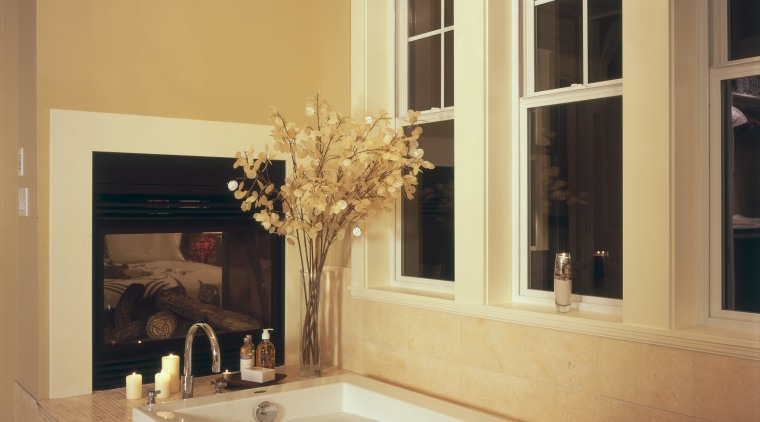 A view of the maser bathroom featuring tiled bathroom, ceiling, countertop, estate, floor, flooring, home, interior design, living room, room, wall, window, orange