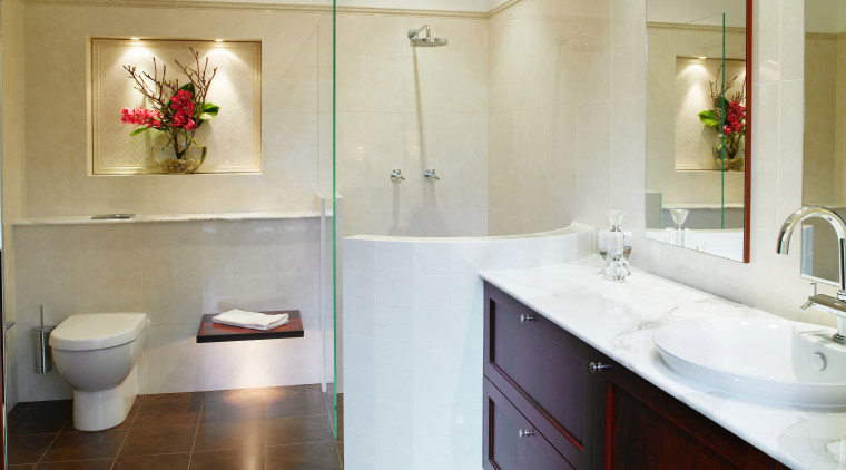A view of the master ensuite, tiled floors bathroom, bathroom accessory, bathroom cabinet, floor, home, interior design, plumbing fixture, product design, real estate, room, sink, orange, gray