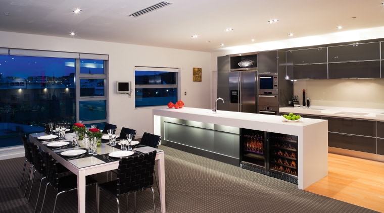 Vintec's high-tec 40SGESS wine cabinet and 40BVC beverage interior design, kitchen, real estate, gray