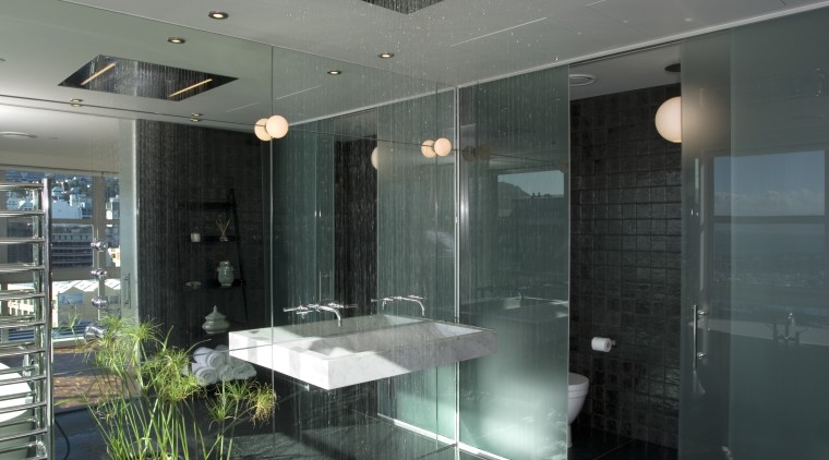 View of bathroom designed by architect Angela Foster architecture, bathroom, ceiling, daylighting, glass, house, interior design, gray, black